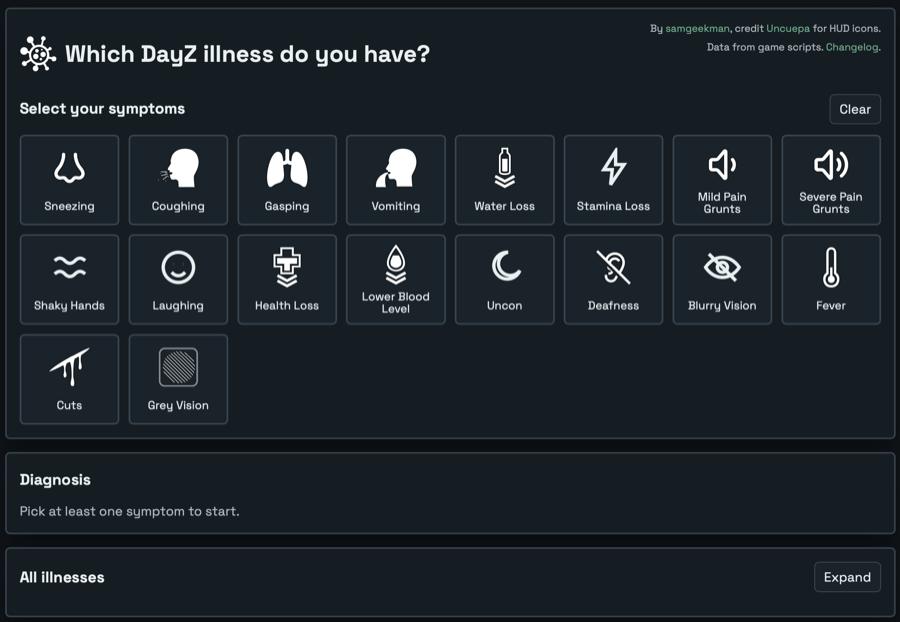 DayZ Illness Checker symptom selection screen